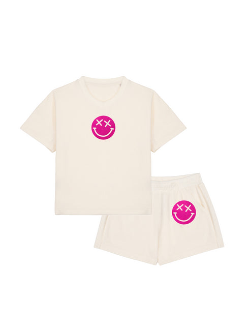 Girl Badstof Set Smiley Neon Pink Velvet | NOTE: Levertijd 5-7 werkdagen